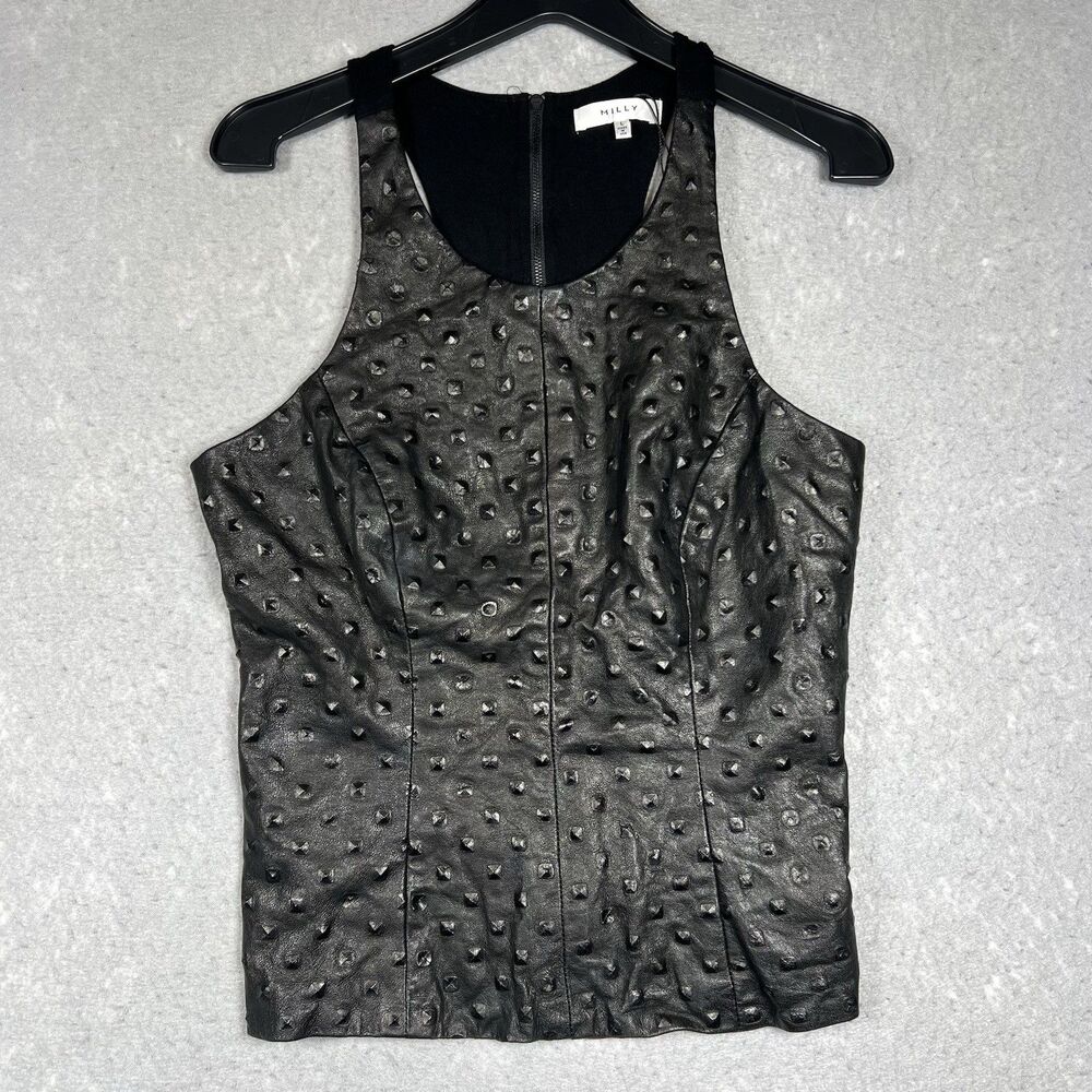 MILLY SCOOP NECK TOP BLACK LAMBSKIN LEATHER STUDDED ACCENTS TANK STYLE SZ LARGE